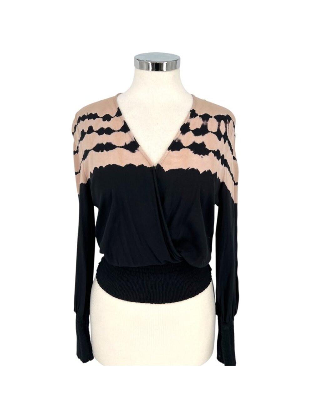 Young Fabulous & Broke Tie-Dye Black Beige Wrap Long Sleeve V-neck Top Size XS